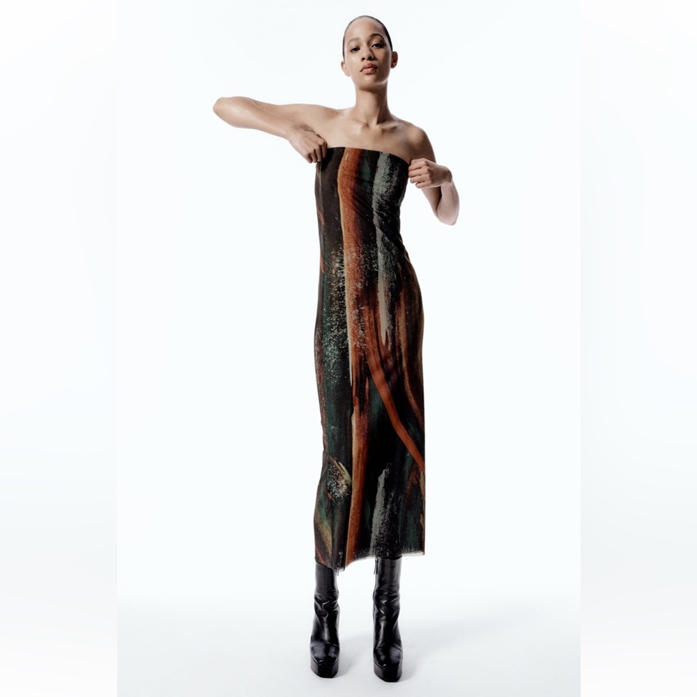 Zara Strapless Midi Dress in Black and Brown Swirl